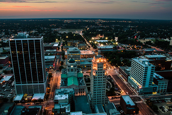 WEB-Downtown-Fort-Wayne-skyline-arial-view-sunset-courtesy-of-Visit-Fort-Wayne- Downtown Fort Wayne skyline aerial view at sunset, courtesy of Visit Fort Wayne.