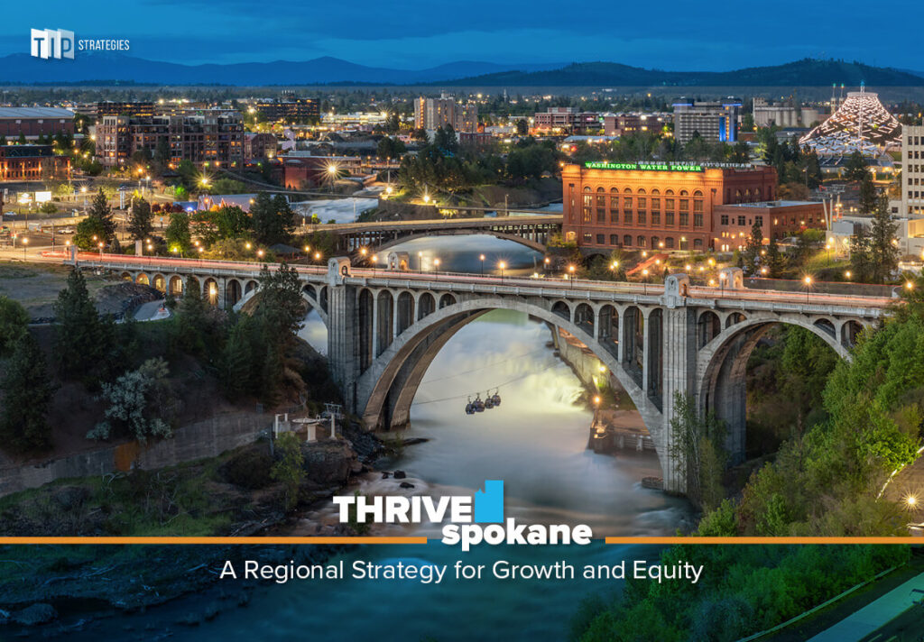 Thrive Spokane CEDS Cover including an arial photo of the city of Spokane