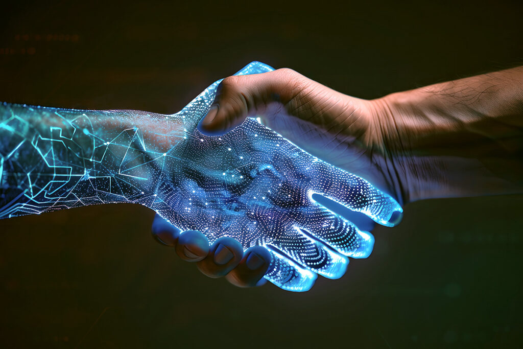 AI digital hank shaking a human hand