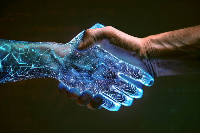 AI digital hank shaking a human hand